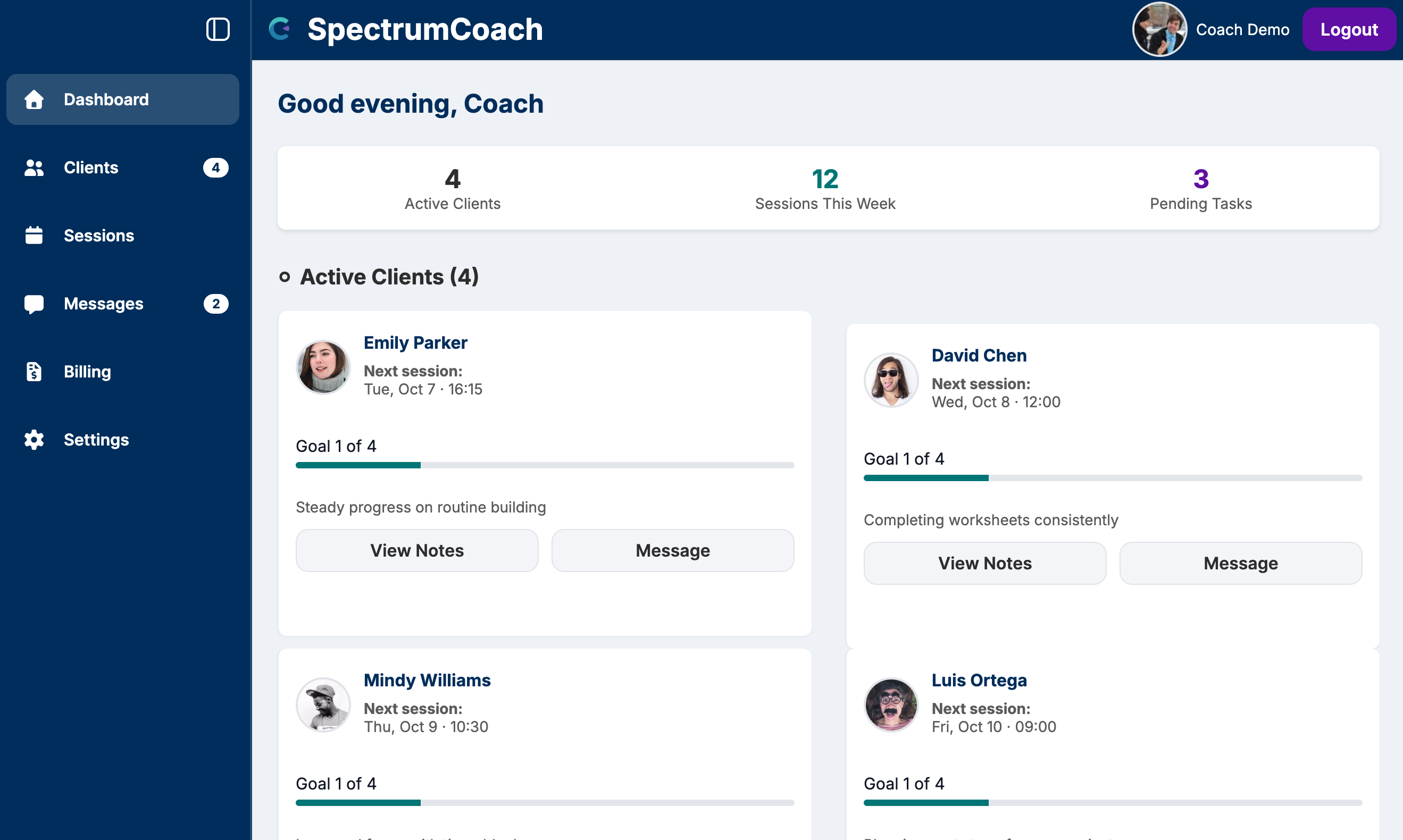 SpectrumCoach dashboard showing active clients and sessions
