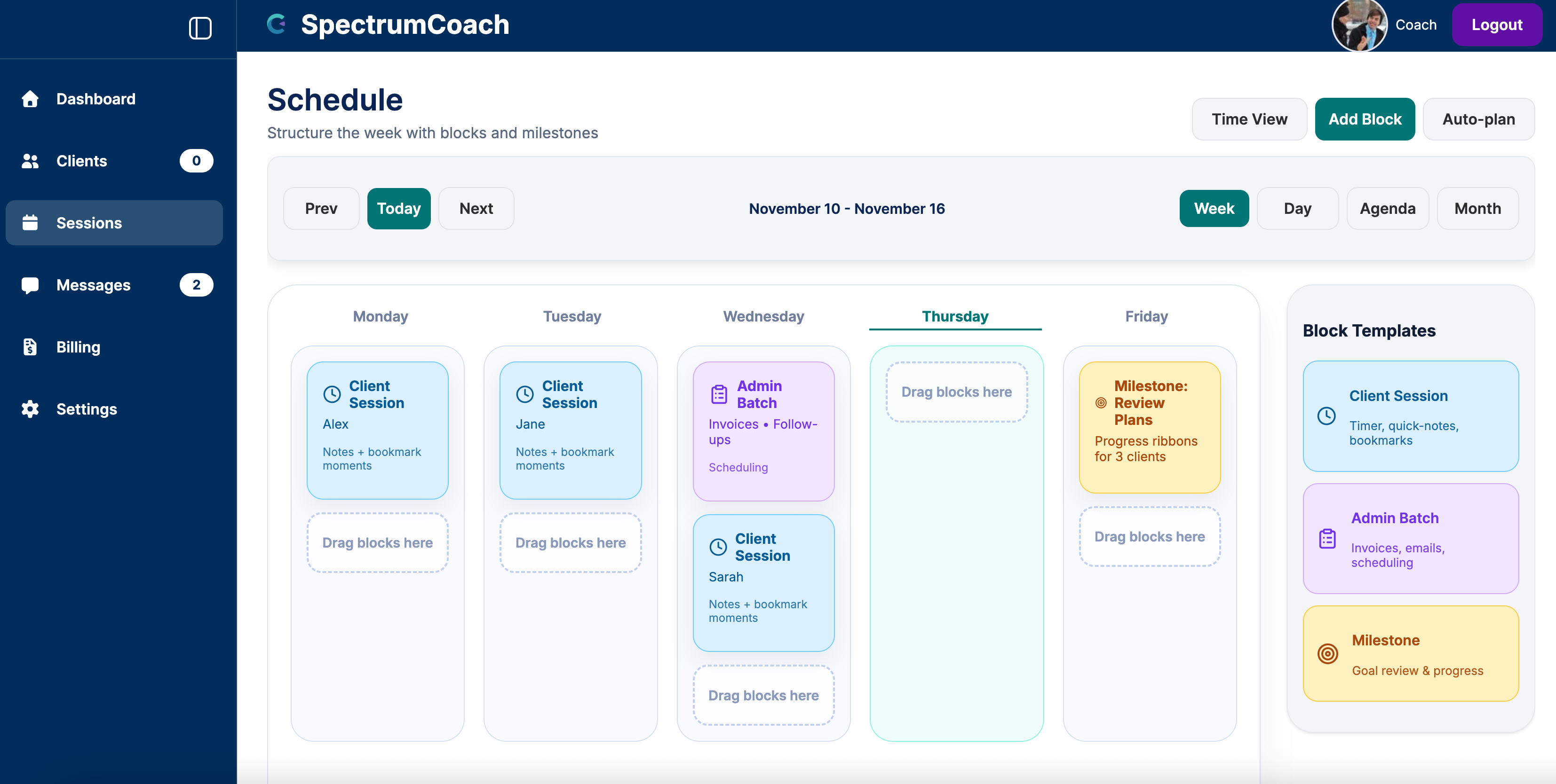 SpectrumCoach scheduling/planning mode view